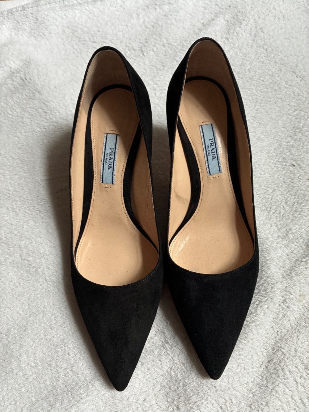 Prada Black Suede Pointed Toe Pumps Heels Size 37 w/ Original Box